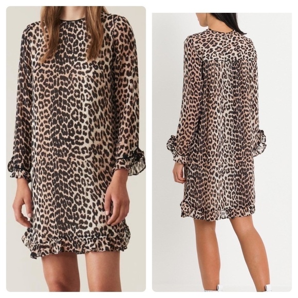 Ganni Leopard Mullin Georgette Shift Dress SZ 34 - Picture 1 of 11
